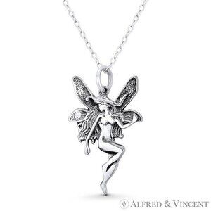 Winged Pixie / Fairy / Nymph Charm Pendant in Oxidized .925 Sterling Silver